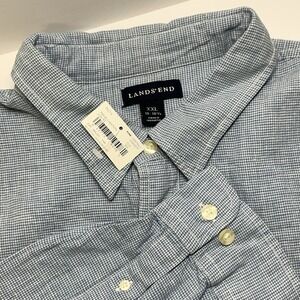 Lands End Mens Linen Blend Shirt XXL Long Sleeve Button Houndstooth Blue Office